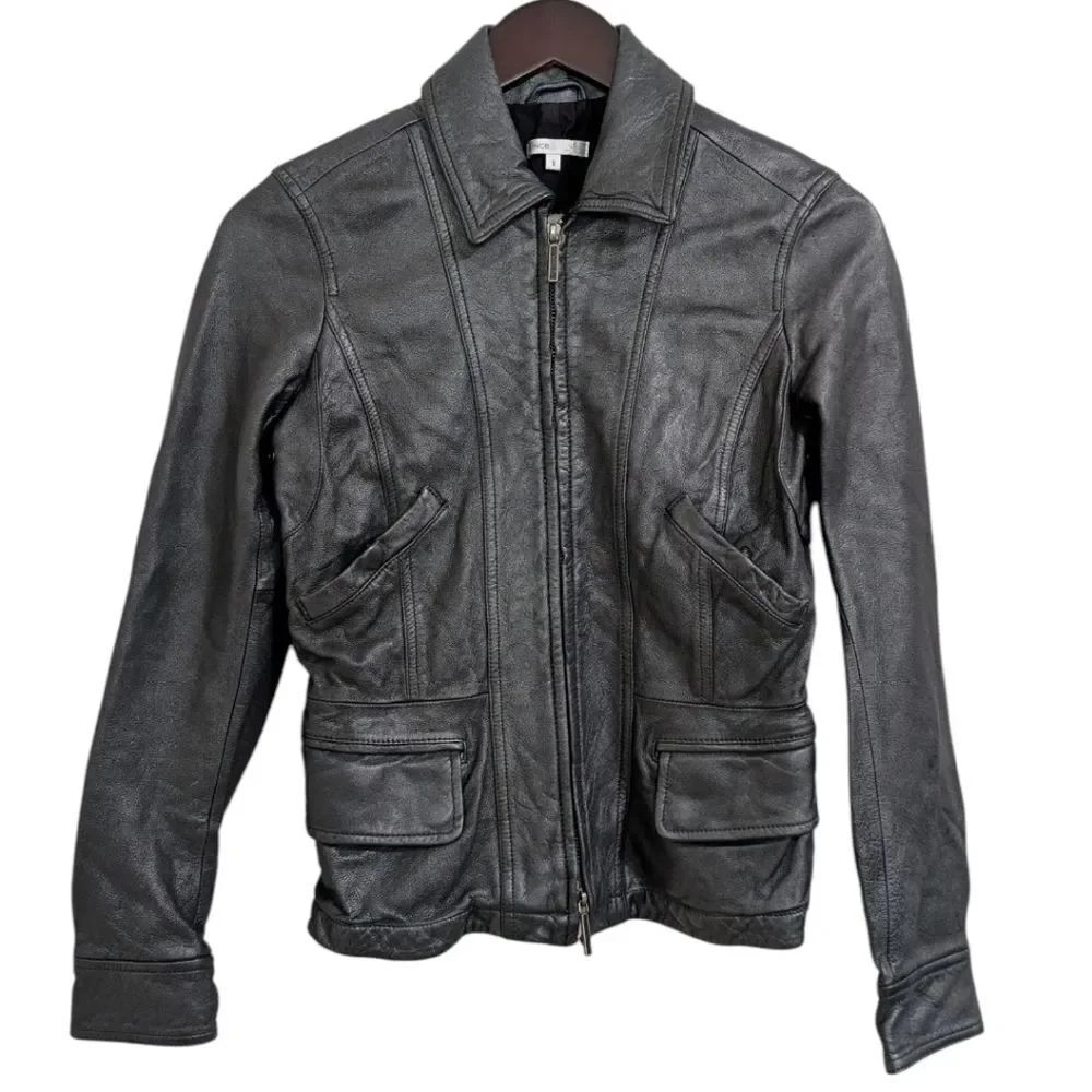 Vince Gunmetal Gray Moto Leather Zip Up Jacket Women's S